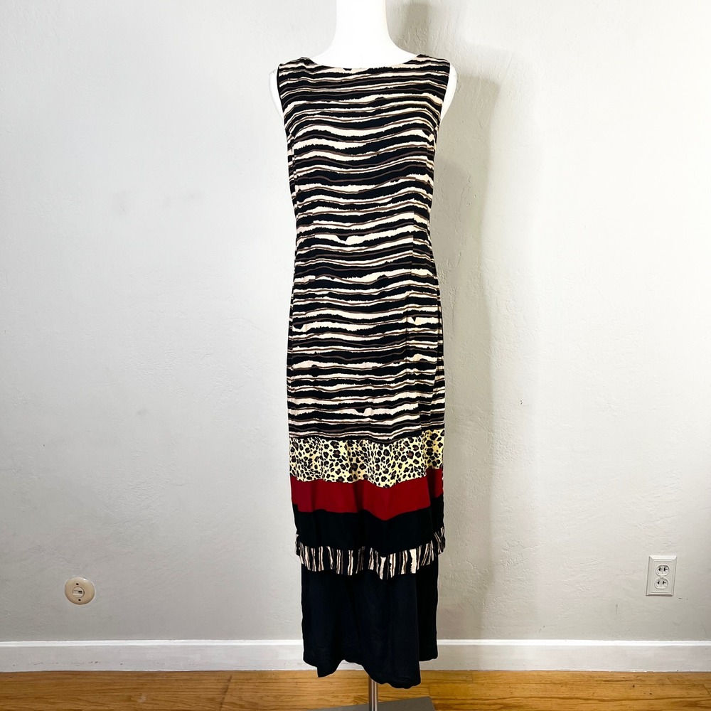 Newport News Vintage Maxi Dress Sleeveless Striped Animal Print Red Black 90s